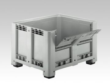 Palletbox 610 liter, 1200x1000x760 mm op 4 poten met inwerpklep in 1 lange zijde lichtgrijs