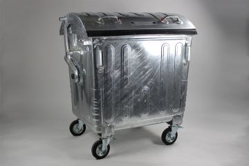 Stalen 4-wiel container, 1360x1070x1470 mm, 1100 liter, met kindveilig roldeksel