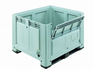 Palletbox 680 liter, 1200x1000x780 mm op 2 sleden met inwerpklep lichtgrijs