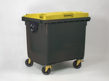 1000 liter rolcontainer met scharnierdeksel, donkergrijs/geel