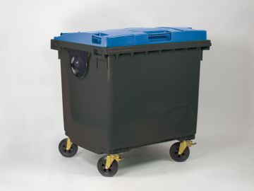 1000 liter rolcontainer met scharnierdeksel, donkergrijs/blauw
