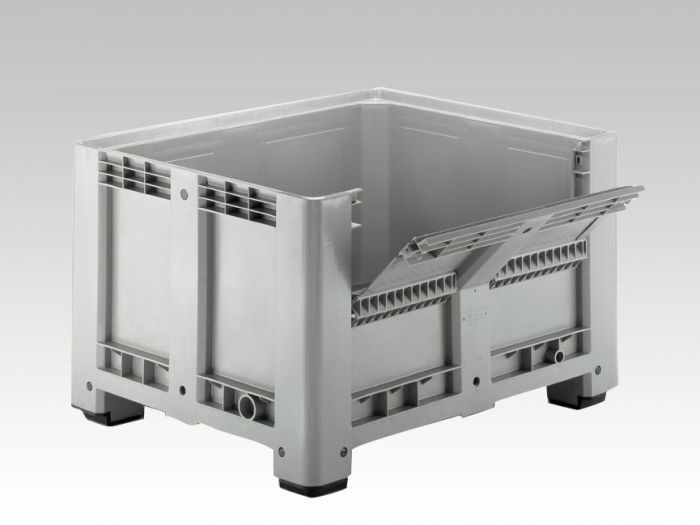 Palletbox 610 liter, 1200x1000x760 mm op 4 poten met inwerpklep in 1 lange zijde lichtgrijs