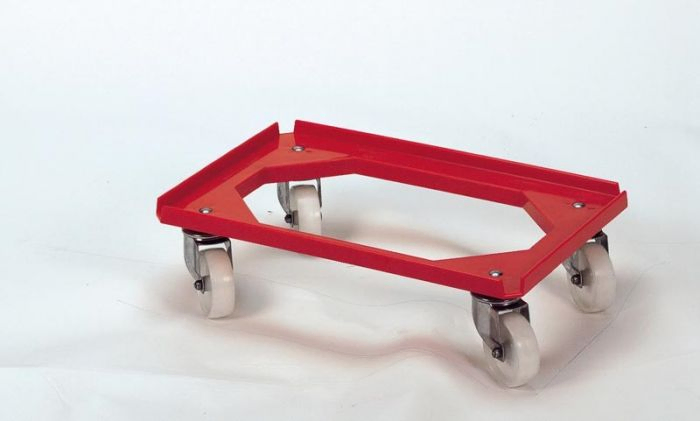 Kunststof transportroller, 600x400 mm open dek, inox zwenkwielen, rood